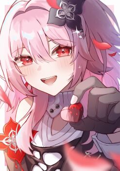 Rule 34 | 1girl, :d, absurdres, bare shoulders, black flower, black gloves, blush, border, candy, chocolate, chocolate heart, clothing cutout, commentary request, earrings, evernight (honkai: star rail), falling petals, flower, food, gloves, hair between eyes, hair flower, hair ornament, hairclip, heart, heart-shaped food, high collar, highres, honkai: star rail, honkai (series), jewelry, looking at viewer, mako (cvyt5325), march 7th (honkai: star rail), medium hair, multiple hair clips, open mouth, petals, pink background, pink hair, red eyes, red flower, red petals, single earring, smile, solo, teeth, white background, white border