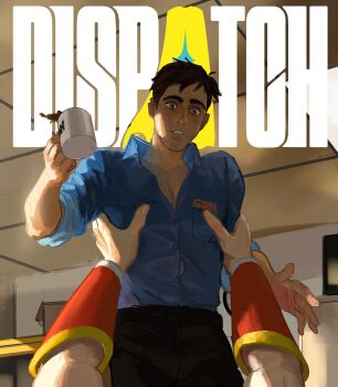 2boys aethash blue_shirt brown_eyes brown_hair coffee_mug collared_shirt commentary copyright_name cup dispatch english_commentary english_text highres indoors lifting_person looking_down male_focus mug multiple_boys parted_lips phenomaman robert_robertson shirt spill