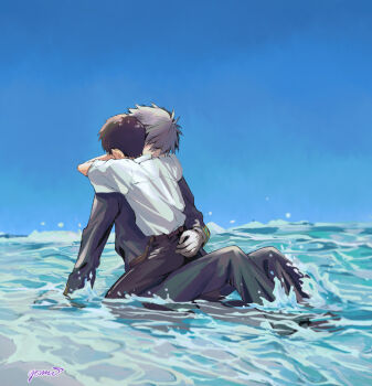 Rule 34 | 2boys, belt, black hair, black jacket, black pants, blue sky, brown belt, commentary request, gloves, grey hair, highres, hug, ikari shinji, jacket, male focus, multiple boys, nagisa kaworu, neon genesis evangelion, ocean, pants, school uniform, short hair, short sleeves, sitting, sitting on lap, sitting on person, sky, tokyo-3 middle school uniform, water, white gloves, yaoi, yorumi1117