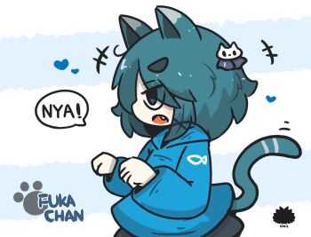 +++ 1girl :o animal_ears black_skirt blue_eyes blue_hair blue_hoodie cat_ears cat_girl cat_tail character_name commentary_request fang from_side fuka-chan heart highres hood hood_down hoodie kemonomimi_mode long_sleeves open_mouth original paw_pose profile romaji_text sea_urchin short_eyebrows skirt sleeves_past_wrists solo tail thick_eyebrows uni_souchou