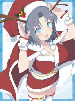 1girl :d antlers blue_background blue_border blue_eyes blush border breasts cape cleavage collarbone copyright_name fur-trimmed_cape fur-trimmed_headwear fur_trim grey_hair hat hat_ornament highres holly holly_hat_ornament horns japanese_clothes kimono large_breasts looking_at_viewer marvelous non-web_source obi obijime official_art open_mouth pom_pom_(clothes) red_cape red_hat red_kimono red_trim reindeer_antlers santa_costume santa_hat sash senran_kagura senran_kagura_new_wave senran_kagura_shinovi_versus short_hair smile solo teeth thighhighs tongue upper_teeth_only white_kimono white_thighhighs white_wrist_cuffs wrist_cuffs yaegashi_nan yumi_(senran_kagura)