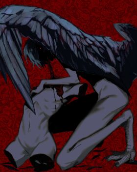 2boys animal_feet bird_legs black_hair black_wings cannibalism chino_(sky_tanosi) claws commentary_request completely_nude corpse eating feathered_wings full_body glowing glowing_eyes guro harpy_boy highres looking_at_viewer male_focus monster_boy multiple_boys nude on_one_knee original red_background red_eyes shaded_face short_hair skinny wings