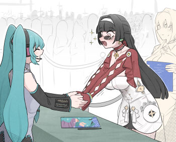 3girls aqua_hair astra_yao belle_(zenless_zone_zero) black_skirt black_sleeves blunt_bangs blush breasts camera_flash closed_eyes clothing_cutout commentary cowboy_shot crossover crowd detached_sleeves diamond_cutout dress earrings english_commentary evelyn_chevalier fan_meeting flying_sweatdrops frilled_sleeves frills grey_shirt hair_intakes hairband handshake happy_tears hatsune_miku headset highres holding_hands jacket jewelry long_hair long_sleeves looking_at_another looking_over_eyewear mata_(matasoup) medium_breasts microphone multiple_girls necklace open_mouth partially_colored pearl_necklace pen queue red_eyes red_jacket red_shrug shirt short_dress shrug_(clothing) skirt sleeveless sleeveless_shirt small_breasts smile sparkle standing straight_hair sunglasses sweatdrop tearing_up tears tinted_eyewear trait_connection twintails vocaloid white_dress white_hairband wise_(zenless_zone_zero) zenless_zone_zero