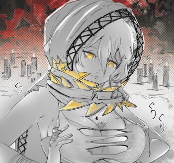 1girl bandages breasts candle cape cleavage code_vein hood io_(code_vein) jewelry large_breasts mrbudguy necklace paizuri uncensored white_theme yellow_theme