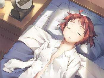1girl alarm_clock amputee armless_amputee artist_request breasts clock double_amputee frown game_cg green_eyes katawa_shoujo lying no_bra non-web_source official_art on_back on_bed open_clothes open_mouth open_shirt pillow red_hair shirt short_hair sleeve_tied_shut solo tezuka_rin upper_body white_shirt