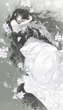 1boy 1girl absurdres bare_shoulders ben-day_dots black_gloves black_hair black_jacket black_sleeves blonde_hair closed_eyes closed_mouth couple dress falling_petals flower full_body gloves grass hetero highres hug jacket jiujiu_dui_mo_da_yu long_dress long_hair love_and_deepspace lying muted_color on_grass on_side petals protagonist_(love_and_deepspace) screentones strapless strapless_dress white_dress white_flower white_petals xavier_(love_and_deepspace)