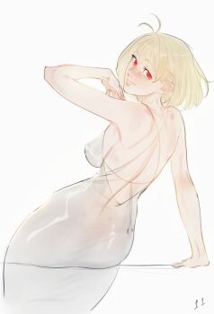 1girl absurdres antenna_hair arcueid_brunestud ass bare_back bare_shoulders blonde_hair breasts cowboy_shot dress from_behind highres large_breasts leodot red_eyes short_hair simple_background solo tsukihime white_background white_dress