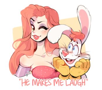 1boy 1girl animal_nose artist_name bare_shoulders blue_eyes blush breasts cleavage commentary elbow_gloves english_commentary english_text eyeshadow furry furry_male furry_with_non-furry gloves green_eyes hair_over_one_eye hetero highres husband_and_wife interspecies jessica_rabbit large_breasts lips lipstick long_hair looking_at_another makeup milkchaotea one_eye_closed open_mouth purple_eyeshadow rabbit_boy red_hair roger_rabbit signature simple_background smile strapless tongue upper_body very_long_hair white_fur white_hair who_framed_roger_rabbit yellow_gloves