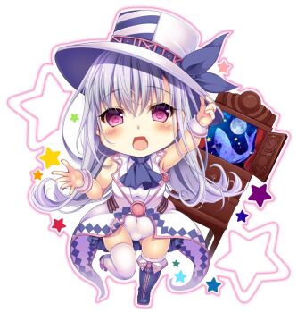 1girl blue_necktie blue_ribbon chibi covered_navel emil_chronicle_online flipped_hair hat hat_ribbon jacket kamishibaiya_iris leotard long_hair necktie open_mouth purple_eyes ribbon solo standing standing_on_one_leg thighhighs top_hat white_background white_hair white_hat white_jacket white_leotard white_thighhighs yumemiya_subaru
