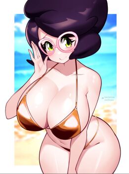 Rule 34 | 1girl, alternate costume, beach, bikini, blush, breasts, cleavage, cloud, collarbone, curvy, glasses, gold bikini, golden week, green eyes, jaxdrawz, large breasts, leaning forward, looking at viewer, mature female, navel, nintendo, ocean, pokemon, pokemon sun and moon, pun, purple hair, sand, short hair, sky, smile, solo, standing, swimsuit, water, wicke (pokemon), wide hips