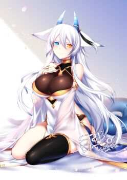 Rule 34 | 1girl, animal ears, bare shoulders, barefoot, black thighhighs, blue eyes, blush, breasts, detached sleeves, female focus, hair between eyes, heterochromia, horns, konshin, large breasts, long hair, looking at viewer, orie hakua, original, revision, seiza, single thighhigh, sitting, smile, solo, tail, thighhighs, toeless legwear, very long hair, white hair, yellow eyes