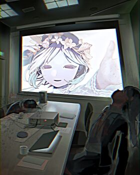 1boy 2girls absurdres chair computer cup floating_hair half-closed_eyes hands_up head_back head_down head_wreath highres hunched_over indoors lace lace_sleeves laptop meeting mug multiple_girls notebook original outstretched_hand overhead_lights parted_lips projector projector_screen purple_eyes short_hair sitting smile speaker splatter table test_norma1 white_hair wind