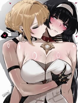 2girls absurdres arm_strap artist_name astra_yao behind_another bite_mark bite_mark_on_neck bite_mark_on_shoulder black_eyeshadow black_gloves black_hair blonde_hair blush breasts closed_eyes closed_mouth commentary dress earpiece earrings english_commentary evelyn_chevalier eyeshadow gloves grabbing_another&#039;s_breast groping gy_beth hair_intakes hairband heart highres jewelry large_breasts long_hair looking_at_another makeup multiple_girls necklace open_mouth partially_fingerless_gloves shadow shirt sleeveless sleeveless_dress sleeveless_shirt strapless strapless_dress sweat twitching upper_body white_background white_dress white_hairband white_shirt yuri zenless_zone_zero