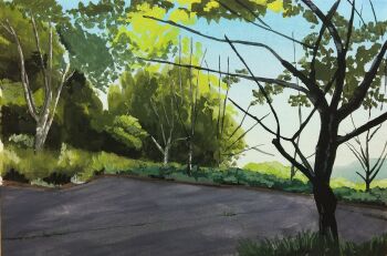 bare_tree bush cloud grass harusa1107 highres original outdoors path road scenery shadow sunlight tree