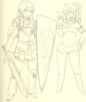 2girls armlet armor bandeau bikini boots breasts cleavage come_hither etrian_odyssey feet hand_on_own_hip highres index_finger_raised jewelry legs looking_at_viewer medium_breasts midriff monochrome multiple_girls navel necklace omegasunburst open_mouth ponytail raquna_sheldon shilleka shorts skirt smile swimsuit sword thighs thong_bikini traditional_media tribal underboob weapon