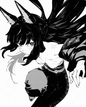 1girl animal_ear_fluff animal_ears bare_shoulders breasts chest_sarashi closed_mouth commentary dynamic_pose english_commentary floating_hair foot_out_of_frame fox_ears fox_girl greyscale highres hoshimi_miyabi incoming_attack jacket jacket_partially_removed knee_up long_hair long_sleeves looking_at_viewer medium_breasts miregeist monochrome pants sarashi serious sidelocks simple_background solo white_background zenless_zone_zero