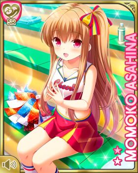 1girl :d asahina_momoko bow brown_hair card_(medium) character_name cheerleader collarbone day girlfriend_(kari) hair_bow hair_ribbon midriff navel official_art one_side_up open_mouth outdoors pleated_skirt pom_pom_(cheerleading) qp:flapper red_bow red_eyes red_shirt red_skirt ribbon school_uniform shirt side_ponytail sitting skirt smile solo white_legwear