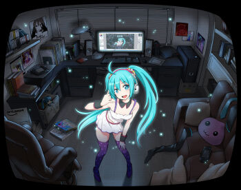 1girl annie_(league_of_legends) aqua_eyes aqua_hair bookshelf box chair computer computer_keyboard computer_mouse computer_tower couch desk drawing_tablet female_focus game_console handheld_game_console hatsune_miku headphones highres league_of_legends leaning_forward long_hair m/ mikudayo monitor nintendo_3ds open_mouth patchouli_knowledge patterned_legwear pillow playstation_3 playstation_vita polka_dot polka_dot_legwear poring ragnarok_online recursion redial_(vocaloid) revision room smile solo speaker table thighhighs touhou vocaloid wii_u yandere_trance zaxwu