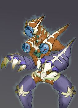 artist_request bohemian_rhapsody claws creature demon duel_monster evil_eyes grin looking_at_viewer mask masked_beast_des_gardius monster multiple_heads pectorals queen_(band) red_eyes sharp_teeth simple_background smile teeth yu-gi-oh!