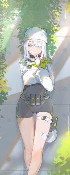 Rule 34 | 1girl, absurdres, arknights, arknights: endfield, bandaid, bandaid on cheek, bandaid on face, blue eyes, bright pupils, clothes writing, commentary request, covered groin, day, estella (arknights), feet out of frame, fingerless gloves, fingernails, gauze, gauze on leg, gauze on thigh, gloves, grey tail, grin, hand on own chin, hat, highres, long sleeves, looking at viewer, medium hair, partial commentary, smile, solo, standing, sunlight, tail, thigh strap, white gloves, white hair, white hat, white pupils, yakitamag0