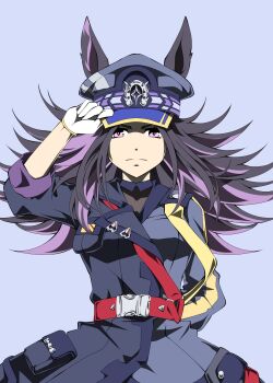 1girl animal_ears black_hair black_jacket black_shirt breasts closed_mouth commentary_request ears_through_headwear fenomeno_(black_flames_of_the_righteous_spirit)_(umamusume) fenomeno_(umamusume) flipped_hair gloves hat highres horse_ears horse_girl horseshoe_hat_ornament horseshoe_ornament jacket long_hair long_sleeves looking_at_viewer multicolored_hair peaked_cap purple_eyes purple_hair shirt simple_background solo umamusume white_gloves zukki_(bijitaru)