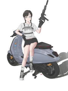 black_gloves black_hair black_skirt blue_eyes character_request chest_harness commentary copyright_request cross gloves gun harness highres iitkass jewelry long_hair looking_at_viewer makinami_mari_illustrious motor_vehicle motorcycle neon_genesis_evangelion pendant rebuild_of_evangelion shirt shoes sitting skirt smile sneakers socks submachine_gun t-shirt twintails weapon weapon_request white_shirt white_socks