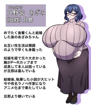 1girl black_hair blue_hair breasts doku_kakapo ear_piercing eyelashes full_body gigantic_breasts glasses high_heels japanese_text looking_at_viewer mature_female medium_hair original piercing pregnant reference_sheet skirt standing sweater translation_request tsukishima_azami yellow_eyes