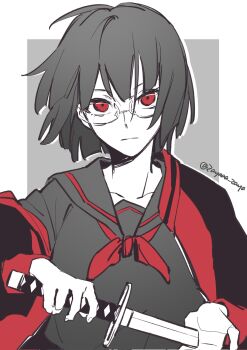 1girl artist_name black_hair black_serafuku bob_cut border commentary_request durarara!! glasses grey_border highres holding holding_sword holding_weapon jacket looking_at_viewer red_eyes red_jacket red_ribbon ribbon school_uniform serafuku short_hair solo sonohara_anri sword weapon white_background zayaaa_zaya