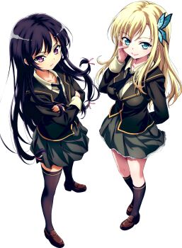 2girls aqua_eyes black_hair blazer blonde_hair blue_eyes boku_wa_tomodachi_ga_sukunai breasts bug butterfly butterfly_hair_ornament closed_mouth crossed_arms hair_ornament hand_on_own_cheek hand_on_own_face highres insect jacket kashiwazaki_sena kneehighs large_breasts loafers long_hair looking_at_viewer mikazuki_yozora multiple_girls necktie official_art purple_eyes school_uniform shoes simple_background skirt smile socks st._chronica_academy_school_uniform thighhighs watanabe_yoshihiro white_background
