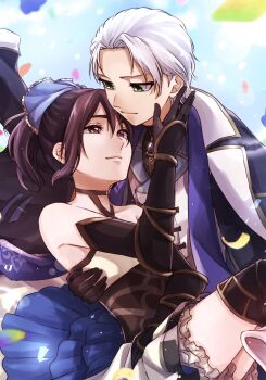 1046sstep_btoh 1boy 1girl alternate_hairstyle arm_guards black_gloves bleach bleach:_brave_souls bloomers brown_eyes brown_hair coat coat_on_shoulders commentary_request dress elbow_gloves gloves green_eyes highres hinamori_momo hitsugaya_toushirou leaf official_alternate_costume ponytail short_dress smile underwear white_bloomers white_hair