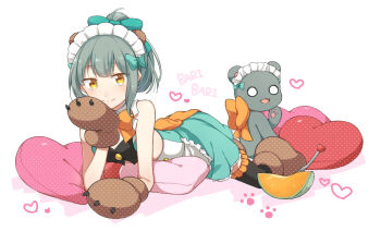 1girl animal_hands black_thighhighs blue_bow bow commentary crop_top crossover food fork fruit gloves grey_hair hair_bow heart heart-shaped_pillow kan'yu_(citron_82) kantai_collection looking_at_viewer lying maid_headdress melon orange_bow paw_gloves paw_shoes pillow ponytail simple_background skirt sleeveless stuffed_animal stuffed_toy teddy_bear thighhighs yellow_eyes yuri_kuma_arashi yuubari_(kancolle)