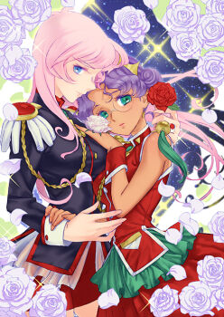 1990s_(style) 2girls bike_shorts bindi blue_eyes cuffs dark_skin dark-skinned_female dress epaulettes flower frills green_eyes himemiya_anthy long_hair multiple_girls na222222 pink_hair purple_hair rose school_uniform shoujo_kakumei_utena sparkle tassel tenjou_utena updo