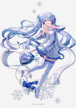 1girl absurdres balloon blue_eyes blue_hair blue_nails blue_necktie boots detached_sleeves fringe_trim grey_skirt hatsune_miku heart heart_balloon heart_hands highres long_hair looking_at_viewer mebaru necktie open_mouth pleated_skirt rabbit rabbit_yukine scarf shirt skirt sleeveless sleeveless_shirt smile snowflake_print snowflakes thigh_boots thighhighs twintails very_long_hair white_scarf white_shirt yuki_miku