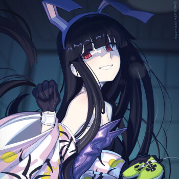 1girl :d alternate_costume animal_ear_hairband animal_ears black_gloves black_hair blunt_bangs boa_(brianoa) cable choker commentary controller detached_sleeves english_commentary fake_animal_ears flat_chest game_controller gloves grin hairband highres holding holding_controller holding_game_controller houraisan_kaguya leotard long_hair long_sleeves looking_at_viewer open_mouth paw_pose pink_shirt purple_choker purple_hairband purple_leotard rabbit_ear_hairband rabbit_ears red_eyes shirt smile solo touhou twitter_username upper_body very_long_hair wide_sleeves wrist_cuffs