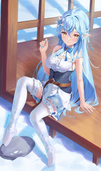 Rule 34 | 1girl, absurdres, ahoge, bare shoulders, blue hair, blue nails, blush, braid, breasts, cleavage, cleavage cutout, clothing cutout, colored tips, commentary request, corset, elf, fingernails, flower, frilled skirt, frills, full body, fur trim, hair between eyes, hair flower, hair ornament, heart, heart ahoge, highres, hololive, large breasts, long hair, looking at viewer, multicolored hair, nail polish, parted lips, pointy ears, ribbon, side braid, sitting, skirt, snowflake print, solo, thighhighs, very long hair, virtual youtuber, white flower, white thighhighs, yellow eyes, yukihana lamy, yukihana lamy (1st costume), zate1st