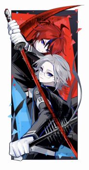 2boys ahoge aotsuki_eito armband black_jacket black_streaks blue_eyes border chinese_commentary commentary_request commission eyeliner gakuran glasses gloves grey_hair highres holding holding_scythe holding_sword holding_weapon jacket last_defense_academy_school_uniform looking_at_viewer makeup male_focus multicolored_hair multiple_boys outside_border red_eyeliner red_hair school_uniform scythe short_hair streaked_hair sumino_takumi sususan38758 sword the_hundred_line_-last_defense_academy- watermark weapon white_armband white_border white_gloves