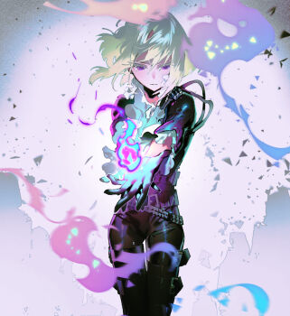 1boy androgynous ascot ashes belt black_jacket black_pants colored_eyelashes cowboy_shot fire floating_hair gapamopa green_hair highres jacket lio_fotia long_sleeves looking_at_viewer male_focus motion_blur multiple_belts outstretched_arm pants promare purple_eyes serious shirt short_hair solo thigh_belt thigh_strap white_ascot white_shirt