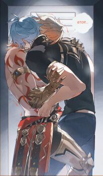 2boys antenna_hair arm_tattoo armlet armored_boots black_pants black_shirt blonde_hair blush boots chest_tattoo clawed_gauntlets ear_blush gradient_hair groping hashtag-only_commentary head_on_another&#039;s_shoulder highres honkai:_star_rail honkai_(series) in_locker jewelry locker male_focus medium_hair multicolored_hair multiple_boys mydei_(honkai:_star_rail) osamu18568716 pants phainon_(honkai:_star_rail) pushing_away quiver red_hair red_tattoo shirt short_hair short_sleeves stuck sweat tattoo toned toned_male waist_cape white_hair yaoi