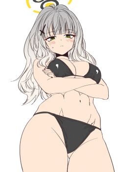 1girl absurdres alternate_costume alternate_hairstyle arms_under_breasts bikini black_bikini blue_archive blunt_bangs blush breasts cleavage closed_mouth commentary_request commission cowboy_shot cross_hair_ornament crossed_arms film_grain from_below frown gluteal_fold green_eyes grey_hair groin hair_down hair_ornament halo hare_(blue_archive) highres large_breasts long_hair namaniku_(user_nxxf7457) navel partial_commentary simple_background slit_pupils split_mouth stomach swimsuit tsurime two_side_up white_background yellow_halo