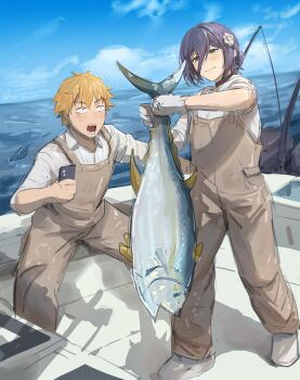 1boy 1girl absurdres animal chainsaw_man day denji_(chainsaw_man) fish fishing_line fishing_rod flower green_eyes grey_overalls hair_between_eyes hair_flower hair_ornament highres holding holding_animal holding_fish holding_phone mon_(icebuko) ocean outdoors overalls phone purple_hair reze_(chainsaw_man) shark_fin sharp_teeth shirt sky teeth white_flower white_shirt