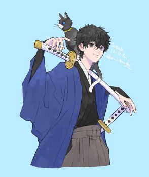 1boy amamiya_ren animal animal_on_shoulder black_eyes black_hair blue_background blue_kimono cat cat_on_shoulder hakama highres japanese_clothes katana kimono male_focus morgana_(persona_5) oui_zen persona persona_5 short_hair solo sword upper_body weapon