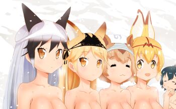 10s 5girls :3 =_= animal_ears black_hair breast_envy breasts brown_hair capybara_(kemono_friends) closed_eyes commentary_request covering_breasts covering_privates crotchless crotchless_panties ezo_red_fox_(kemono_friends) fox_ears japari_symbol kaban_(kemono_friends) kemono_friends large_breasts long_hair multicolored_hair multiple_girls mushi_gyouza object_on_head odd_one_out out-of-frame_censoring panties panties_on_head red_panties serval_(kemono_friends) short_hair silver_fox_(kemono_friends) silver_hair striped_clothes striped_panties thong towel towel_on_head underwear white_panties yellow_eyes