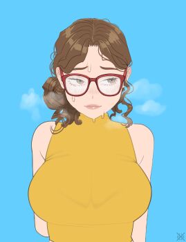 1girl artist_self-insert averting_eyes bare_arms bare_shoulders blush breasts brown_eyes brown_hair commentary curly_hair e11e el_(e11e) english_commentary glasses highres large_breasts long_hair messy_hair original see-through_clothes smile solo sweat upper_body