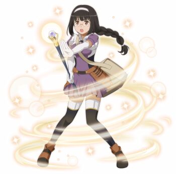 10s 1girl bag black_hair blush boots breasts brown_eyes dungeon_ni_deai_wo_motomeru_no_wa_machigatteiru_darou_ka elbow_gloves flower glasses gloves hairband highres large_breasts long_hair looking_at_viewer official_art riine_arshe smile solo staff staff_(weapon) sword_oratoria tears thigh_boots thighhighs thighhighs_under_boots transparent_background white_thighhighs