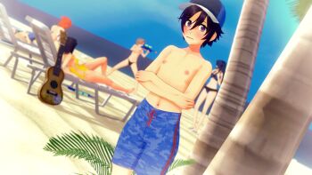 1girl 3d artist_request beach bikini blue_male_swimwear blue_sky blue_swim_trunks blurry blurry_background blush breasts camouflage camouflage_male_swimwear character_request crossdressing crossdressing_(ftm) drawstring embarrassed flat_chest guitar highres instrument male_swimwear male_swimwear_challenge multiple_girls navel nipples ocean open_mouth print_male_swimwear print_swim_trunks print_swimsuit purple_eyes purple_hair reverse_trap sand short_hair sky source_request standing swimsuit tagme topless_female water