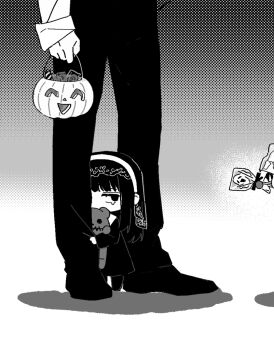 Rule 34 | 1girl, 1other, 5a1 uei, black dress, black hair, black pants, black shoes, chibi, corrupted twitter file, dithered background, dress, full body, gradient background, halloween, hiding, hiding behind another, highres, holding, holding pumpkin, holding stuffed toy, long hair, long sleeves, looking at another, lower body, monochrome, osaragi (sakamoto days), pants, pumpkin, sakamoto days, shadow, shoes, standing, teardrop, veil