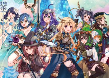 6+girls arm_up armor armpits black_boots black_capelet black_gloves black_hair black_hat blonde_hair blue_hair blue_skirt book boots breasts bridal_gauntlets brown_boots brown_eyes brown_hair brown_shirt brown_shorts brown_skirt capelet chakram clenched_hand closed_mouth commentary_request dancer dress frilled_skirt frilled_sleeves frills fukumaru_koito futaba_anzu gauntlets gloves goggles goggles_on_head green_dress green_eyes grey_shirt grey_skirt gun hair_between_eyes hat holding holding_book holding_gun holding_staff holding_sword holding_weapon idolmaster idolmaster_cinderella_girls idolmaster_million_live! idolmaster_shiny_colors jacket large_breasts long_hair miyoshi_sana mochizuki_anna multiple_girls nanao_yuriko open_book orb osaki_tenka pants pauldrons puffy_pants purple_hair purple_jacket purple_shirt ribbed_shirt rino_cnc shirt shorts shoulder_armor skirt sleeveless sleeveless_dress small_breasts staff sunazuka_akira sword tachibana_arisu thigh_boots thighhighs twintails very_long_hair visor_(armor) weapon white_dress white_gloves white_pants white_skirt white_sleeves white_thighhighs witch_hat