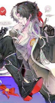 1boy 1girl absurdres bandaged_chest black_coat black_gloves black_hair blue_eyes breasts brooch cleavage coat eyewear_strap genderswap genderswap_(mtf) glasses gloves highres holding holding_pen identity_v jewelry joseph_desaulniers joseph_desaulniers_(d.m.) long_hair looking_at_viewer medium_breasts multicolored_hair nib_pen_(object) official_alternate_costume out_of_frame pen pink_lips single_glove smile snake snake_wrapped_around_neck two-tone_hair wavy_hair white_hair white_snake xiaomianduoshao