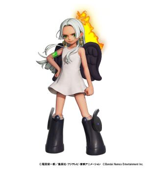 1girl 3d bandai bandai_namco black_wings copyright_name dark-skinned_female dark_skin dress earrings full_body hand_on_own_hip highres jewelry lips looking_at_viewer official_art one_piece one_piece:_pirate_warriors_4 s-snake seraphim_(one_piece) smile star-shaped_pupils star_(symbol) symbol-shaped_pupils white_background white_dress white_hair wings yellow_eyes