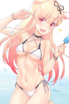 1girl alternate_costume anchor arm_up armpits bad_id bad_twitter_id bare_arms bare_shoulders bikini bikini_day black_ribbon blonde_hair blush bracelet breasts choker collarbone commentary cowboy_shot dan_(kumadan) fang food gradient_hair groin hair_between_eyes hair_flaps hair_ornament hair_ribbon hairclip halterneck highleg highleg_bikini highres jewelry kantai_collection long_hair looking_at_viewer medium_breasts multicolored_hair navel open_mouth palm_leaf popsicle red_eyes ribbon side-tie_bikini_bottom sketch_background skindentation sky smile solo star_(symbol) stomach stomach_day string_bikini swimsuit twitter_username underboob unfinished very_long_hair water white_bikini yuudachi_(kancolle) yuudachi_kai_ni_(kancolle)